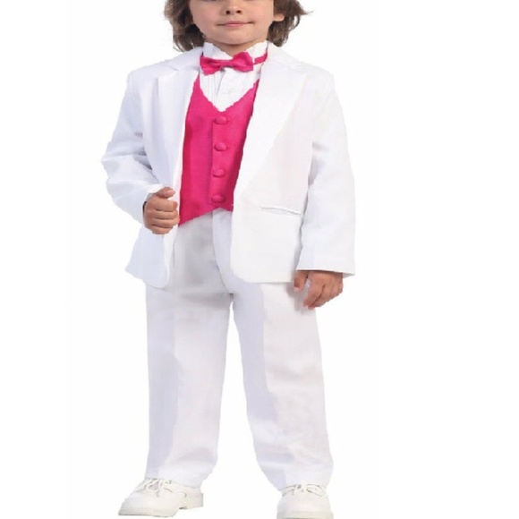 NWT Boys White 5pc Tuxedo Fuchsia Vest & Tie Sz 7 - Picture 2 of 4